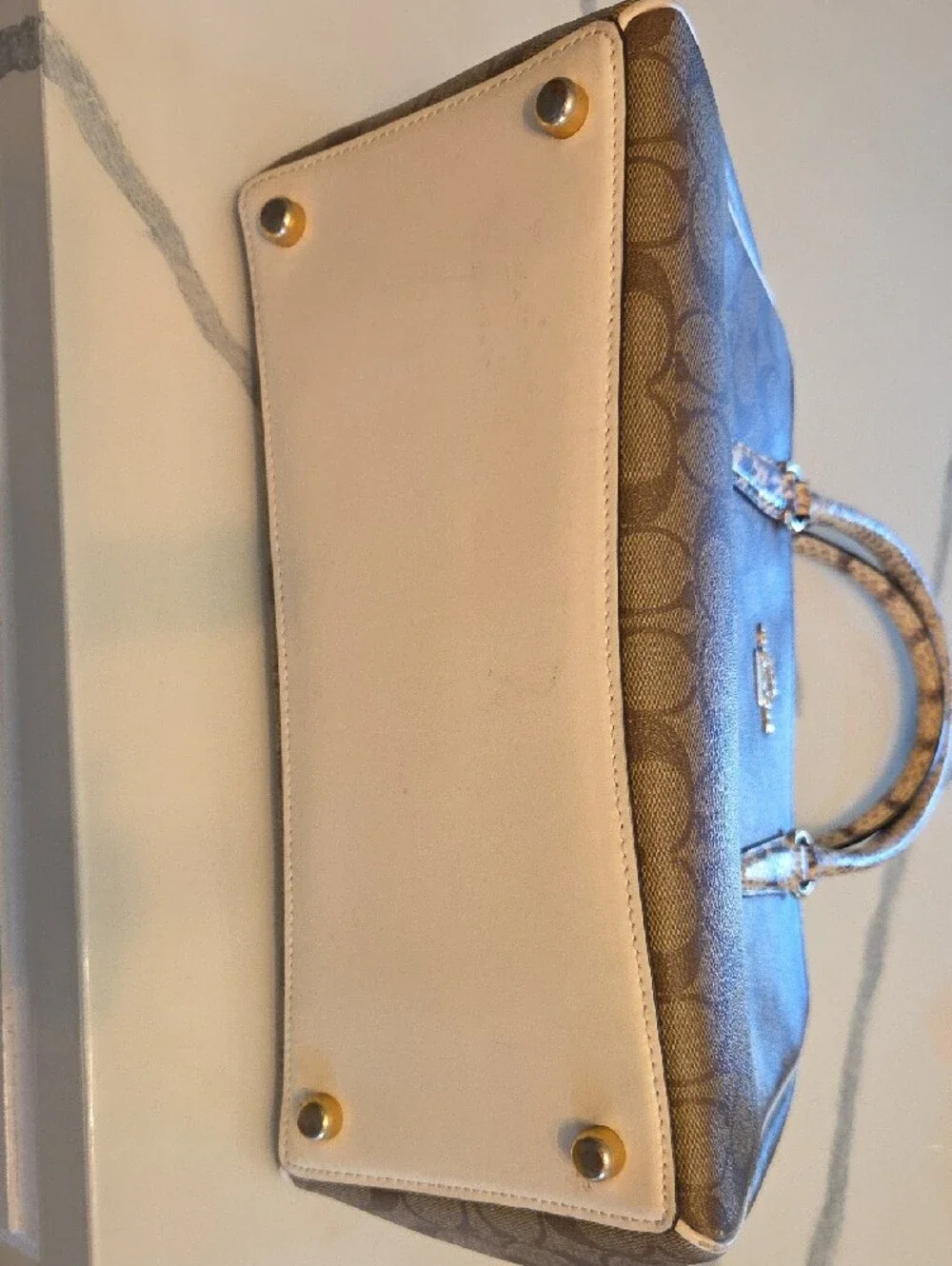 Coach Khaki Signature Satchel with Snake-Print Trim